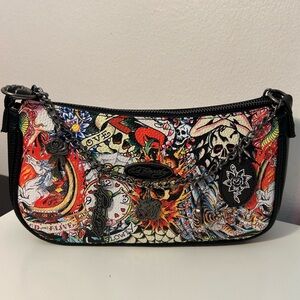 Y2K ed hardy multicolored leather shoulder bag